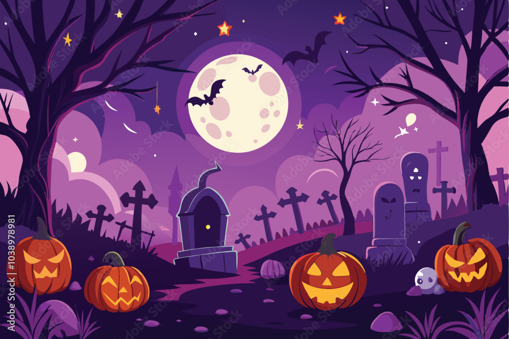 Fototapeta premium Spooky Halloween Night Graveyard with Pumpkins
