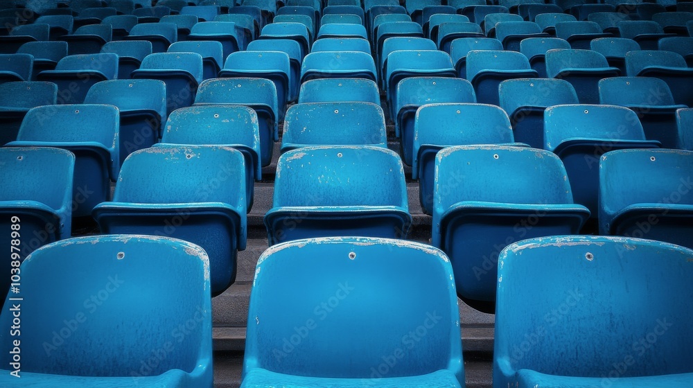 Naklejka premium Blue stadium seats arranged in rows at a sports venue ready for upcoming event