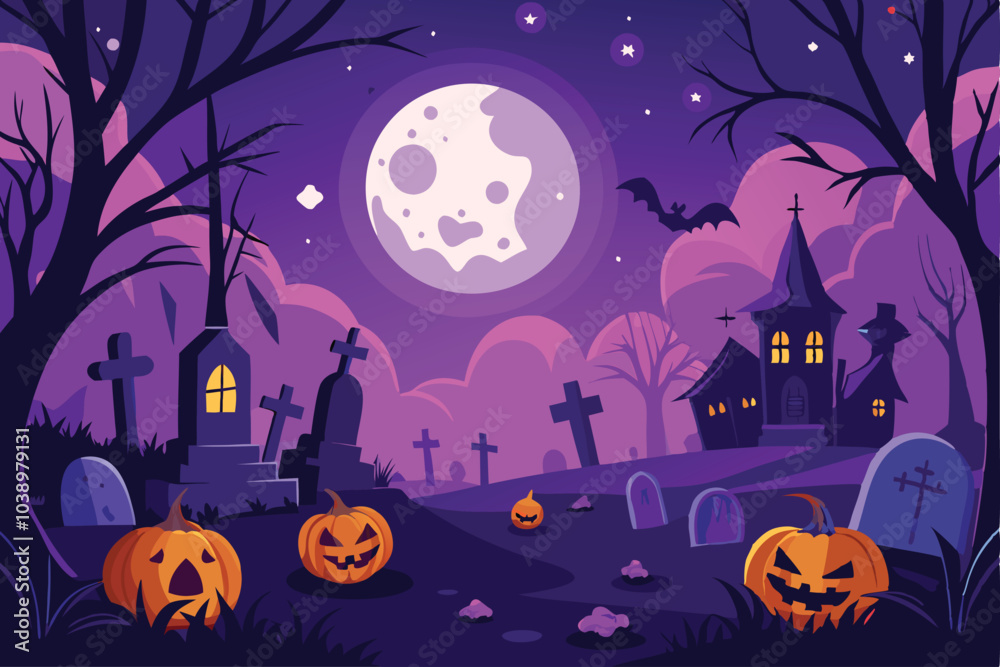 Fototapeta premium Spooky Halloween Graveyard Scene with Pumpkins