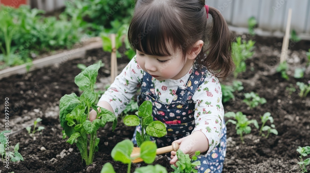 A Japanese girl in a bright yukata watering the family garden with a bamboo ladle. The garden is cultivated with care and surrounded by a stone wall.