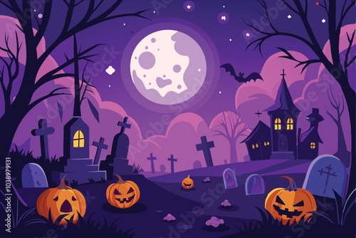 Spooky Halloween Graveyard Scene with Pumpkins