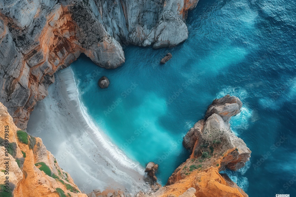 Stunning aerial view of secluded turquoise beach and rocky cliffs Stunning aerial view of secluded turquoise beach and rocky cliffs