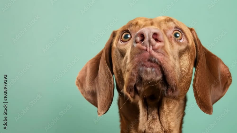 Portrait of vizsla puppy dog on green background