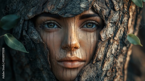 A surreal artistic carving of a woman's face seamlessly blended into a tree trunk, symbolizing a deep connection between nature and human expression, Generative Ai