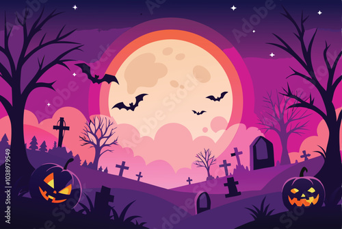 Halloween Night Cemetery Scene Full Moon Bats