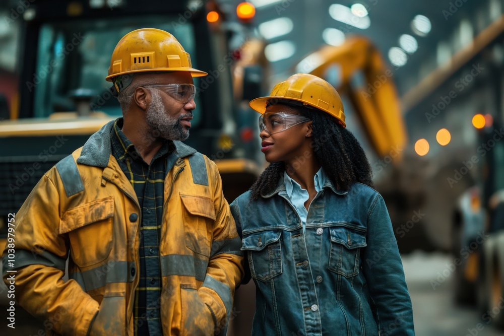 Two construction workers in conversation at industrial site Two construction workers in conversation at industrial site