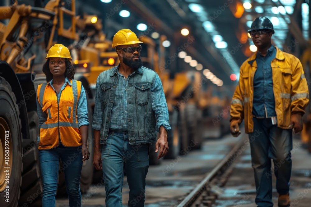 Industrial workers in factory wearing safety helmets and vests Industrial workers in factory wearing safety helmets and vests