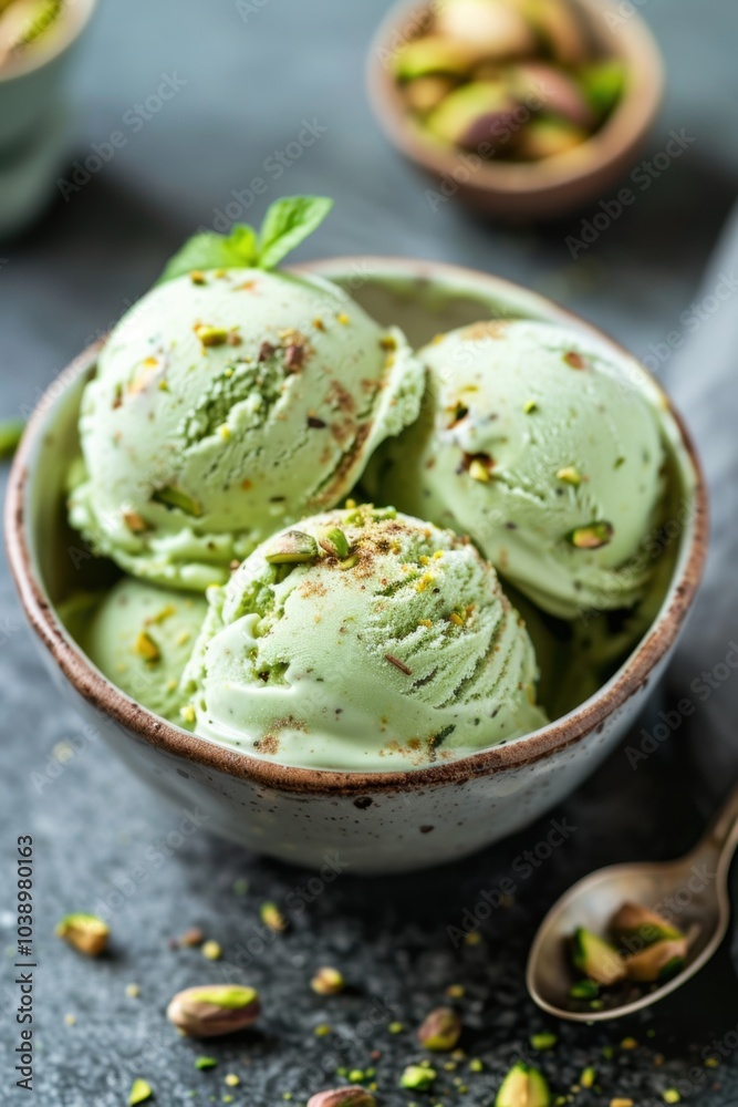 Pistachio Ice Cream in Ceramic Bowl with Spring Blossoms Pistachio Ice Cream in Ceramic Bowl with Spring Blossoms