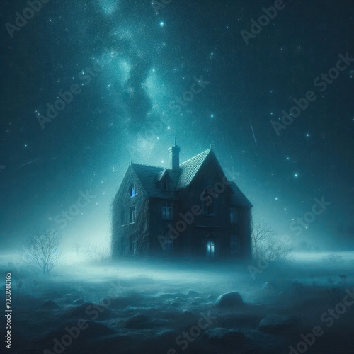 A house in the night with the Milky Way against the background of the starry sky.