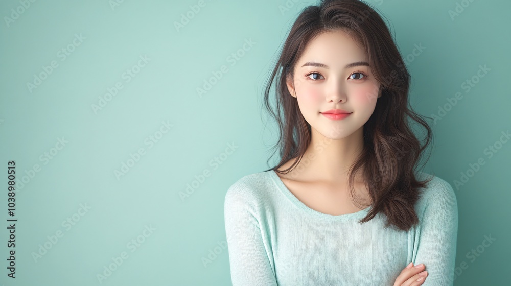an Asian woman in her mid-20s, standing with her arms crossed, looking at the camera with a slight smile. The background is a solid pastel color an Asian woman in her mid-20s, standing with her arms crossed, looking at the camera with a slight smile. The background is a solid pastel color