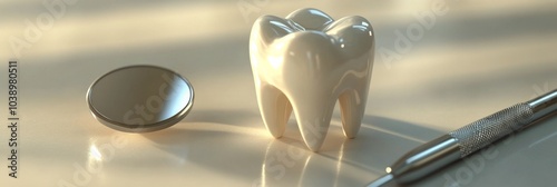 A detailed view of a ceramic tooth model on a countertop with dental tools in a clinic setting