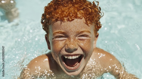 close-up of a joyful red-haired boy with freckles splashing in a shallow kiddie pool. photo