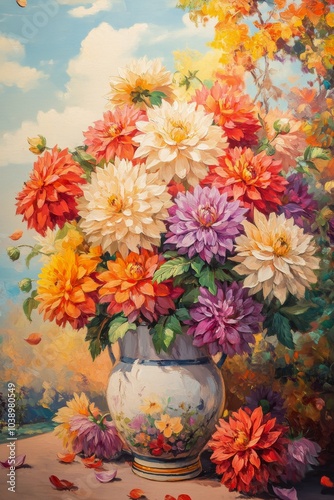 Brightly colored floral arrangement in a decorative vase on a soft background with petals