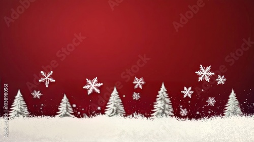 Winter landscape with white snowflakes and evergreen trees on a red background during the holidays