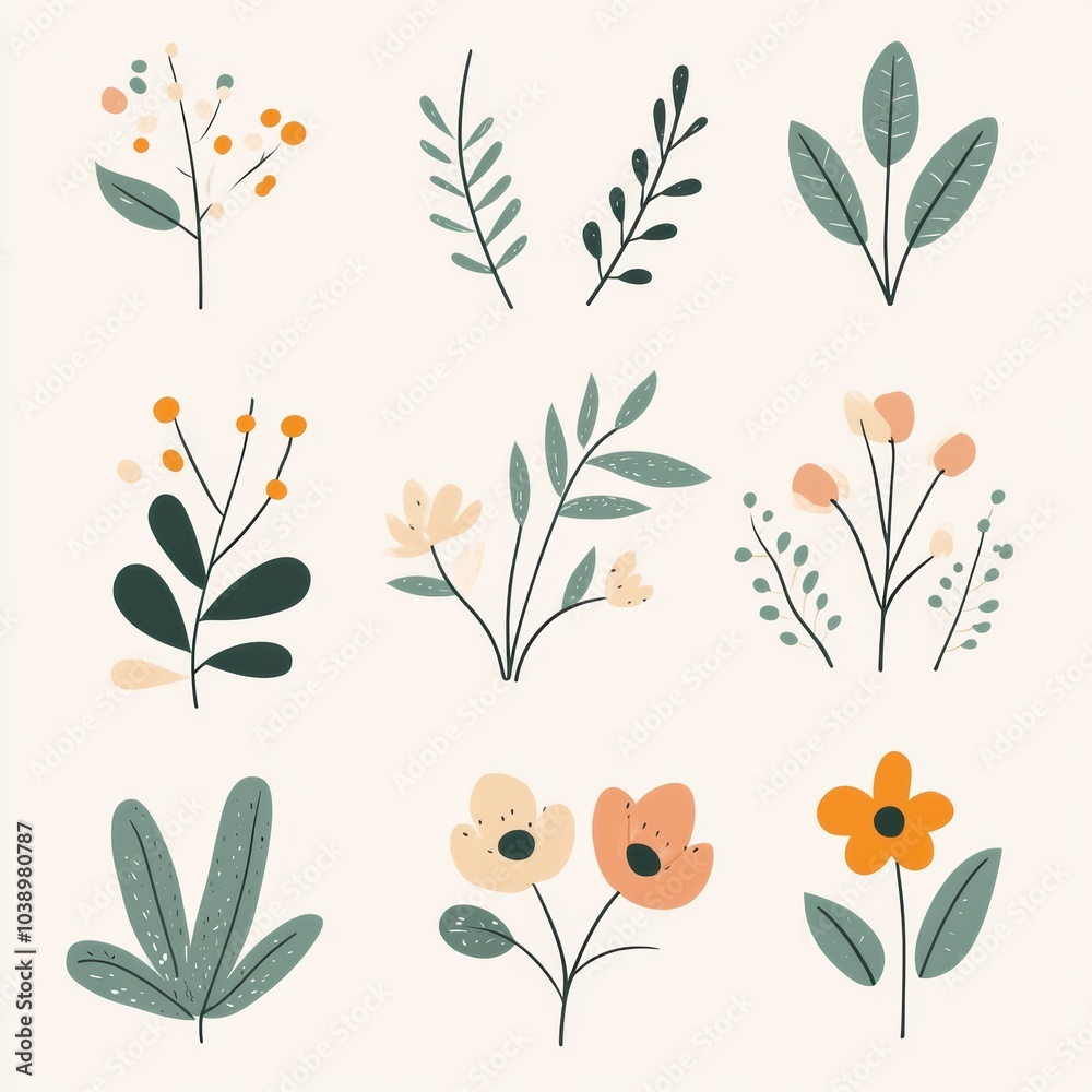 These charming doodles feature leaves and flowers, showcasing a delightful blend of nature elements in a minimalist style. Generative AI These charming doodles feature leaves and flowers, showcasing a delightful blend of nature elements in a minimalist style. Generative AI