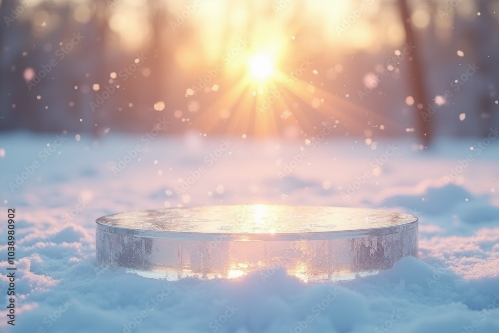 Winter sunset over frozen forest with ice plate reflection Winter sunset over frozen forest with ice plate reflection