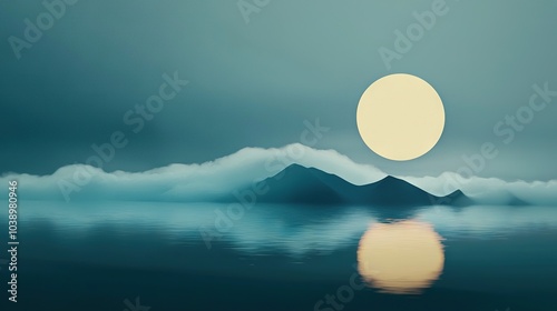   Full moon painting on water with distant mountains and cloudy sky