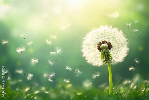 Dandelion seeds floating gently in the air on a sunny day in a green meadow