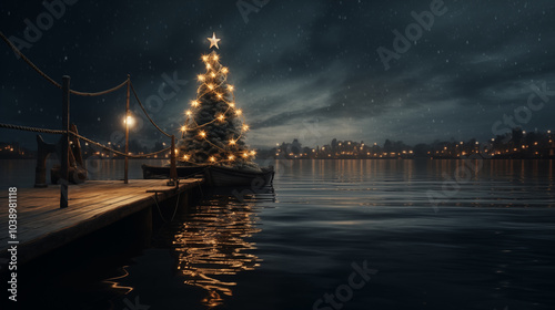Nautical Christmas Tree Scene on a starry night by the water ~ Created using Generative AI