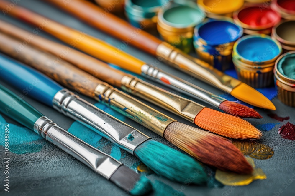 Fototapeta premium Assorted paintbrushes and vibrant paints for creative art projects
