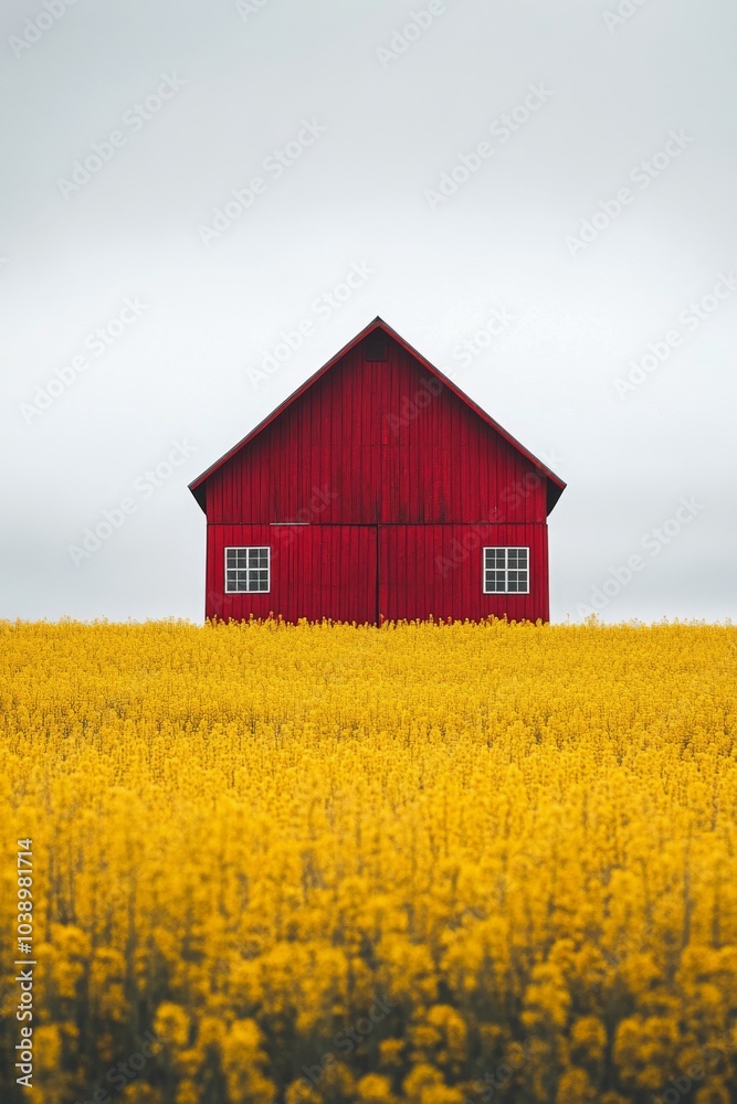 A vibrant yellow flower field surrounds a rustic red barn under a cloudy sky A vibrant yellow flower field surrounds a rustic red barn under a cloudy sky
