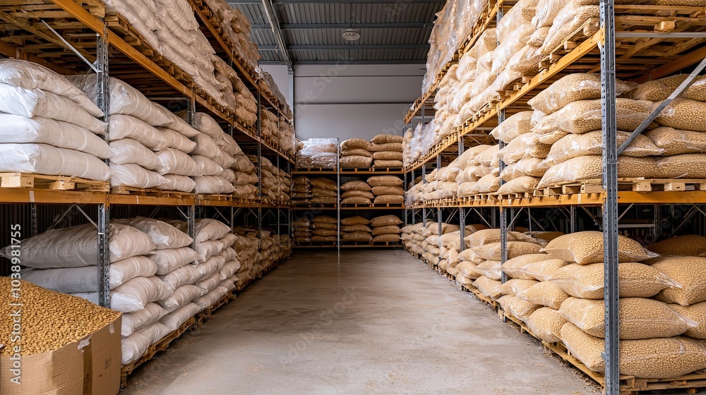 A tidy storage room filled with neatly stacked bags of grains on shelves, showcasing various types of dry food products. A tidy storage room filled with neatly stacked bags of grains on shelves, showcasing various types of dry food products.