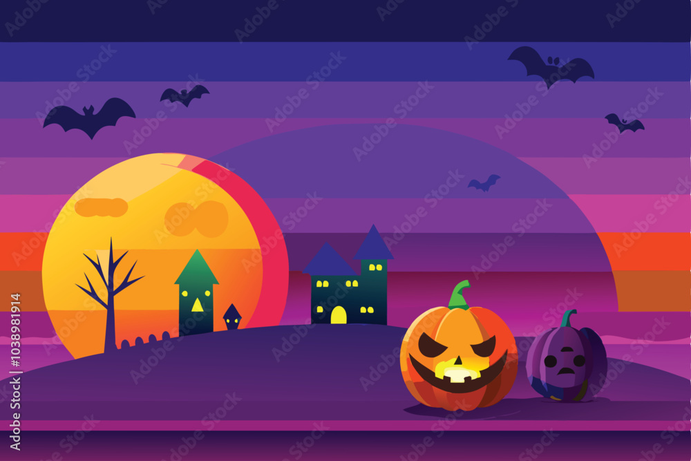 Fototapeta premium Halloween Night Scene with Pumpkins, Bats, and a Haunted House