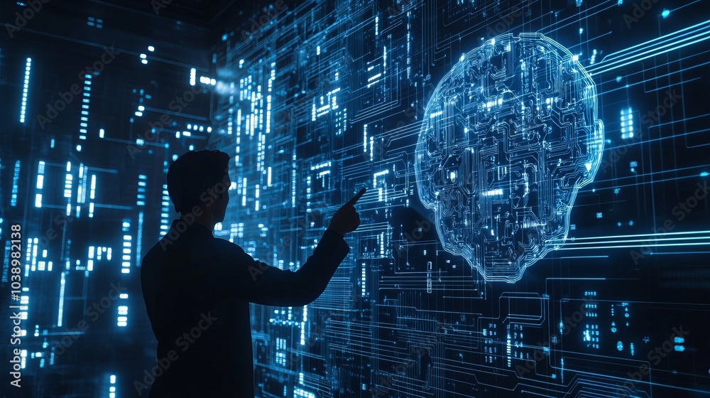 Artificial intelligence (AI), deep machine learning, neural networks, and innovative technology concepts, represented by a man pointing at a virtual brain integrated with a circuit board Artificial intelligence (AI), deep machine learning, neural networks, and innovative technology concepts, represented by a man pointing at a virtual brain integrated with a circuit board