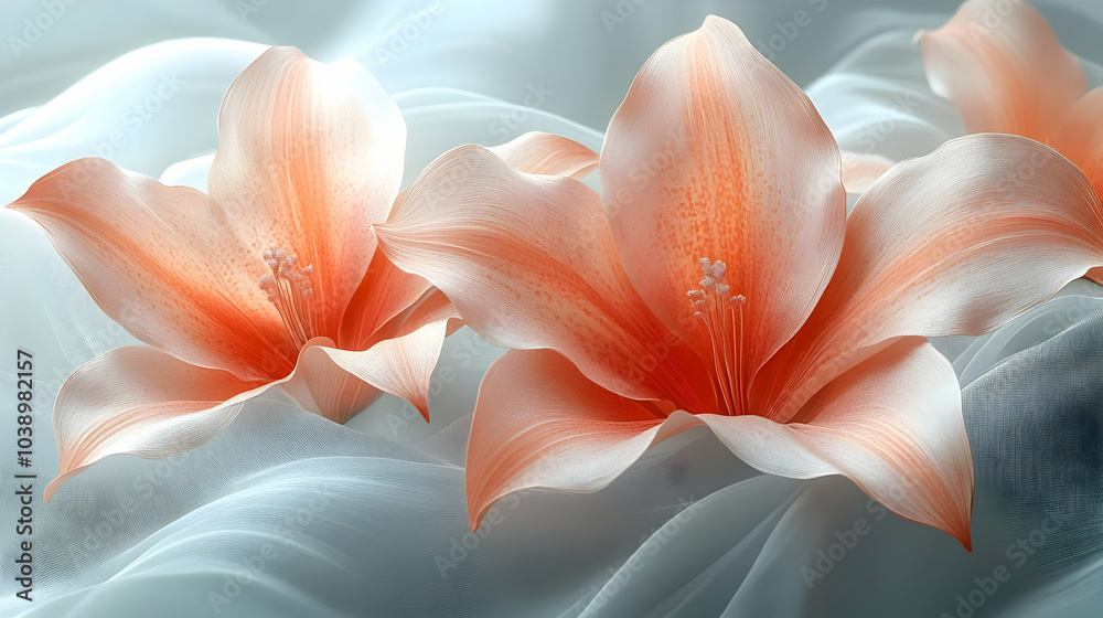 Obraz premium Peach Flower Petals on White Fabric - Abstract Floral Illustration