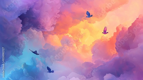 Wallpaper Mural   A flock of avians soaring through a mottled sky of blue, pink, and yellow, with a stunning sunset as their backdrop Torontodigital.ca