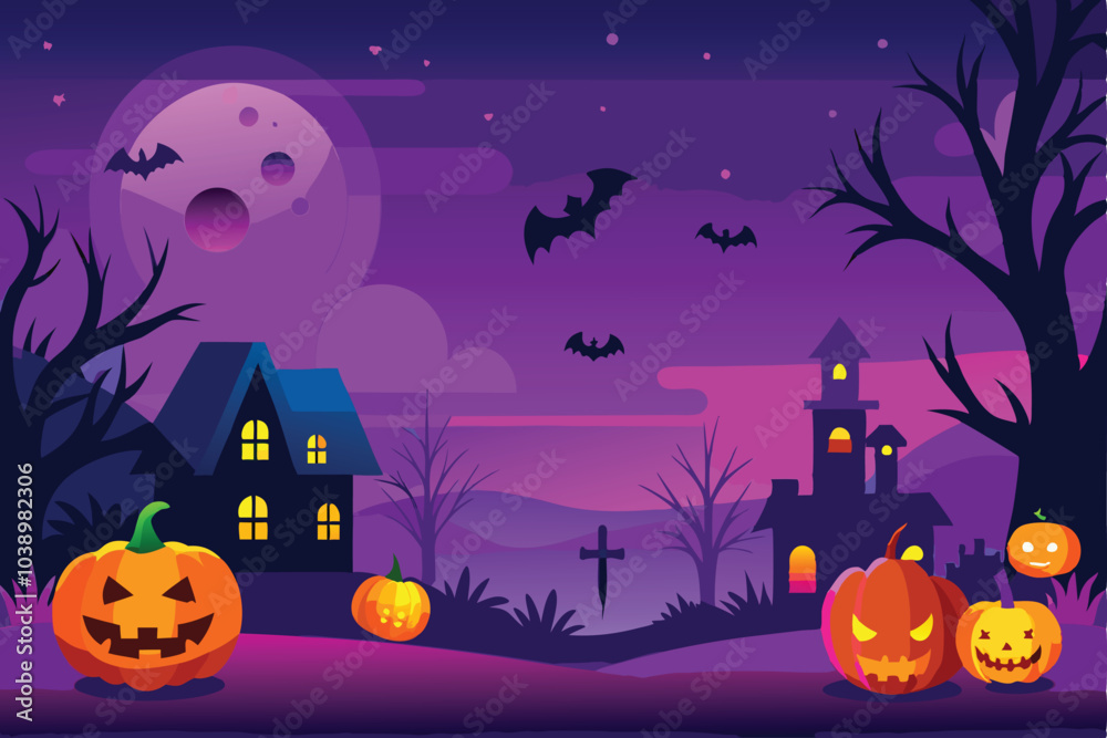 Spooky Halloween Night Landscape with Pumpkins Spooky Halloween Night Landscape with Pumpkins