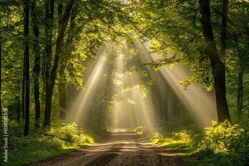 Forest Road Illuminated by Sunrays