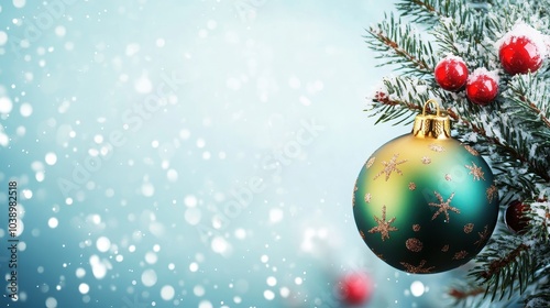 Festive Holiday Ornament on Snowy Evergreen Branch with Bokeh Background