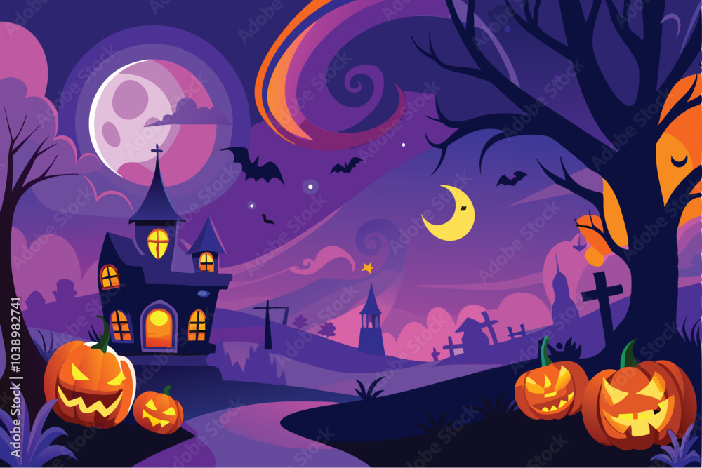 Fototapeta premium Halloween Night Scene with Haunted House and Pumpkins