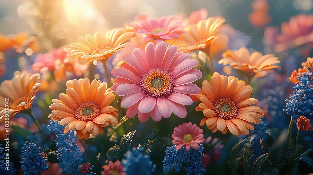 A blue and orange flower field with sun in the background A blue and orange flower field with sun in the background