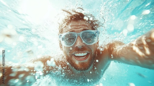 A man with goggles is joyfully swimming underwater, captured in a vibrant and playful moment, his goggles reflecting a sense of adventure and fun in the water.