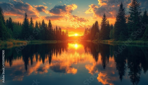 Sunset Reflected in a Still Lake Surrounded by Evergreen Trees