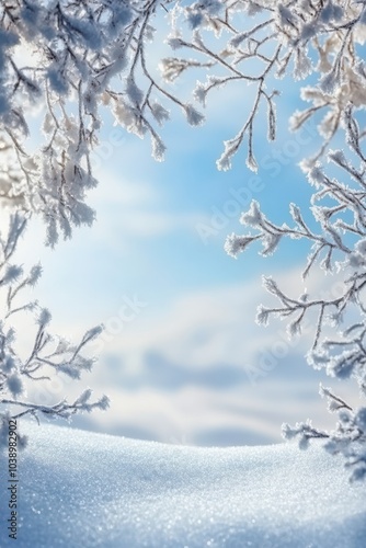 Winter Landscape with Snow and Ice Crystals on a blurred background