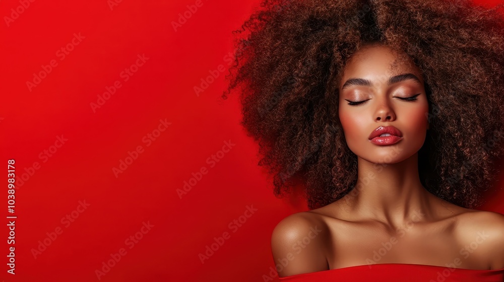 Elegant woman with eyes closed, featuring voluminous curly hair, accentuated by a vibrant red background, delivering an aura of elegance and spontaneity. Elegant woman with eyes closed, featuring voluminous curly hair, accentuated by a vibrant red background, delivering an aura of elegance and spontaneity.