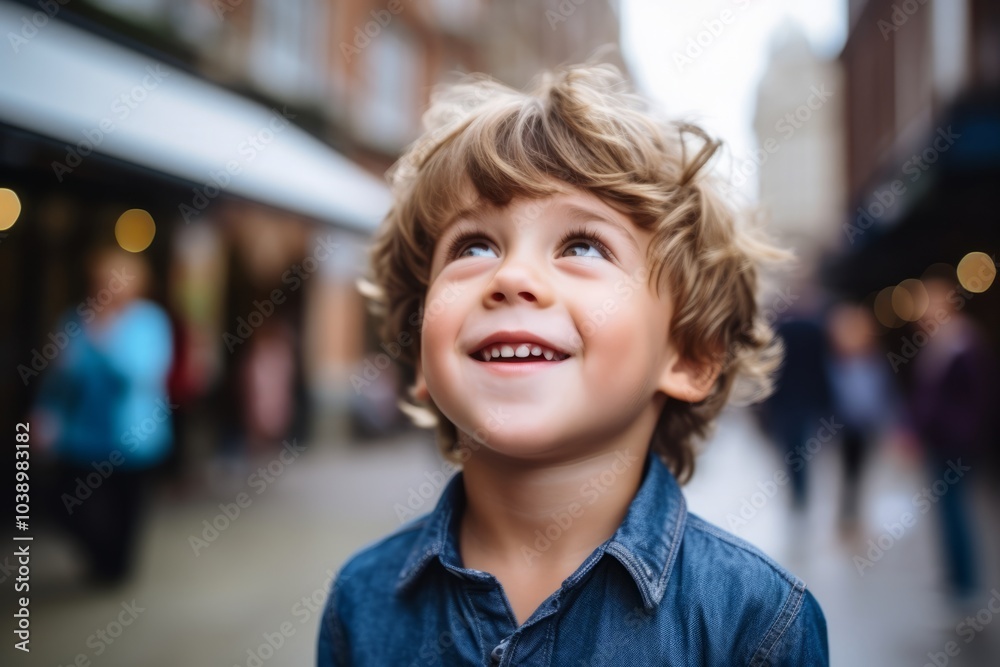 Portrait of a cute little boy with blond curly hair in the city Portrait of a cute little boy with blond curly hair in the city