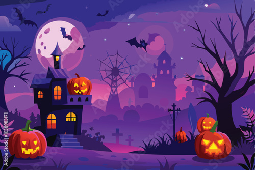 Haunted House Halloween Night Spooky Scene Illustration