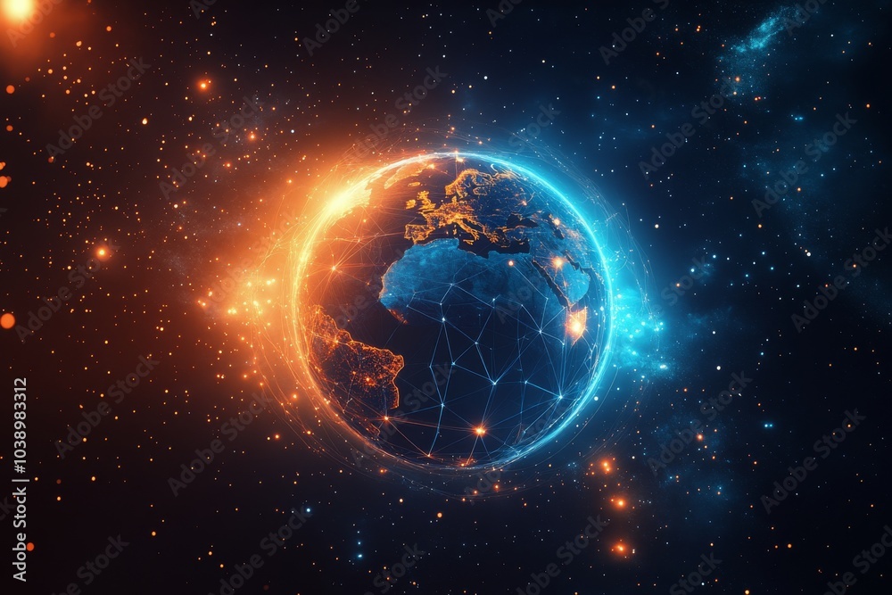 Obraz premium A digital view of Earth from space showcasing network connections and glowing lights at dawn