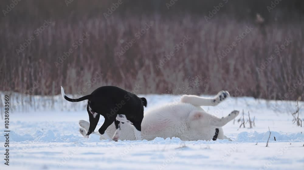 A white Alabai and a Pitbull joyfully play in the snow under the bright sun, captured in stunning 4K slow motion A white Alabai and a Pitbull joyfully play in the snow under the bright sun, captured in stunning 4K slow motion