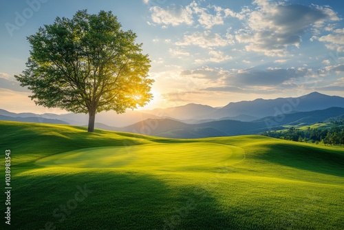 Sunset over a lush golf course with rolling hills and a solitary tree on the horizon