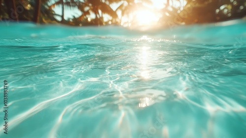 Vibrant turquoise water with gentle ripples reflects sunlight, creating a mesmerizing pattern, with a hint of palm tree shadows, evoking tropical vibes and tranquility.