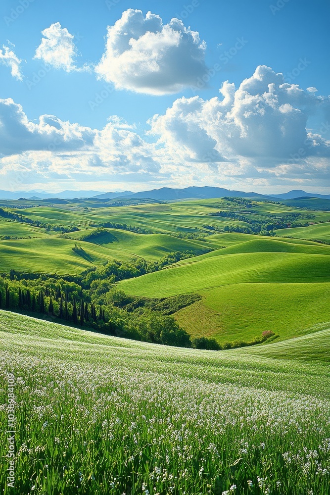 Obraz premium Lush green rolling hills under a partially cloudy sky in a serene landscape during midday