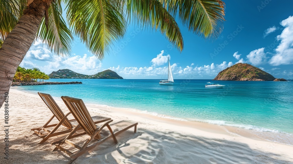 Relaxing on the beach with sailboat in view under a bright sky in a tropical paradise