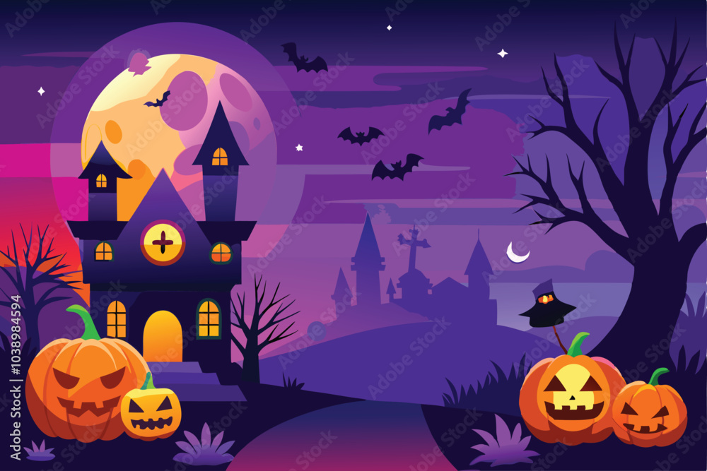 Fototapeta premium Spooky Halloween Night With Haunted House And Pumpkins