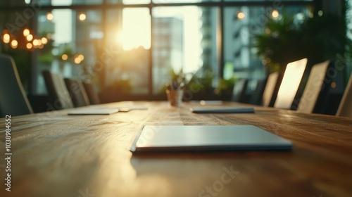 Wallpaper Mural A modern conference room bathed in soft sunset light, highlighting a wooden table and sleek chairs, creating an atmosphere of warmth and professionalism. Torontodigital.ca