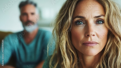 A close-up portrait of a serene woman with soft features, while a blurred man in the background creates an atmospheric contrast of focus and emotion.